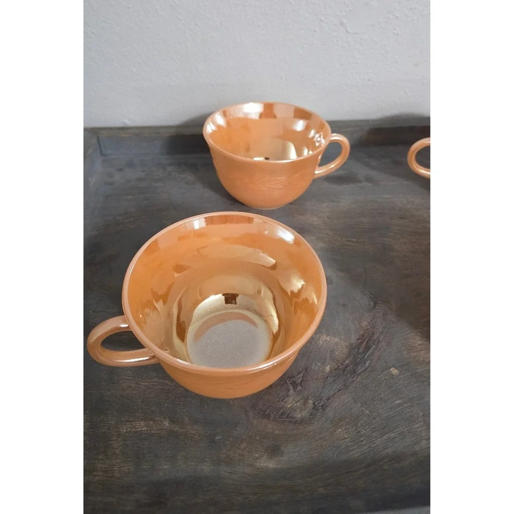 Fire-King Peach Lustre Laurel Tea Cups Set of 4 Vintage Iridescent Milk Glass‎